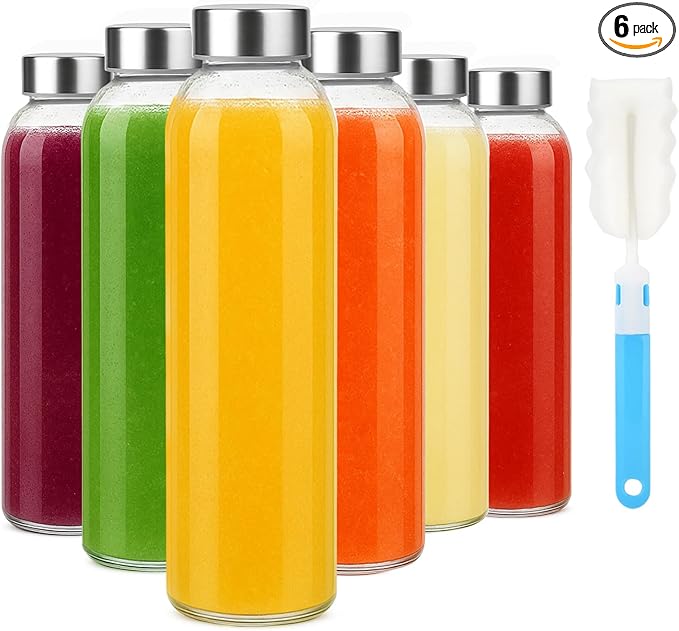 Sursip 18oz Glass Water Bottle Set of 6, Clear glass juice bottle for juicing,Reusable Drinking Bottles with Stainless Steel Lid,Beverage Storage Containers for Refrigerator-BPA Free,Leak Proof