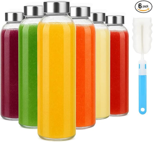 Sursip 18oz Glass Water Bottle Set of 6, Clear glass juice bottle for juicing,Reusable Drinking Bottles with Stainless Steel Lid,Beverage Storage Containers for Refrigerator-BPA Free,Leak Proof