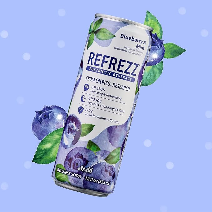 REFREZZ Postbiotic Beverage, Blueberry & Mint, Relaxing and Refreshing, Supports a Good Night's Sleep, Good for Immune System, Gluten Free, Non‑GMO, 35Calories, 12oz (12Cans)