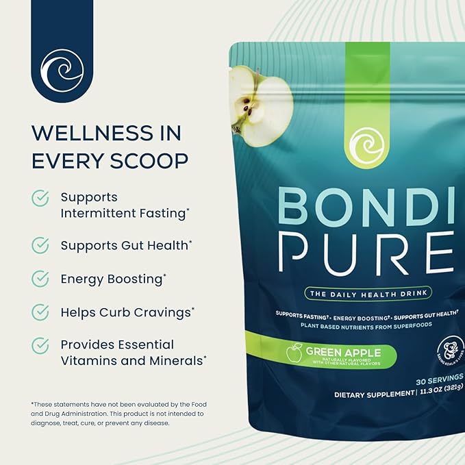 Bondi Pure - Daily Health & Detox Drink - Promote Gut Health & Energy Support During a Cleanse or Intermittent Fasting - Plant-Based Fibers, Alkalizing Super Greens - Green Apple (2-Pack)