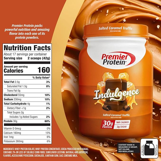 Premier Protein Indulgence Protein Powder, 30g Protein, 3g Sugar, Salted Caramel Truffle, 17 Servings
