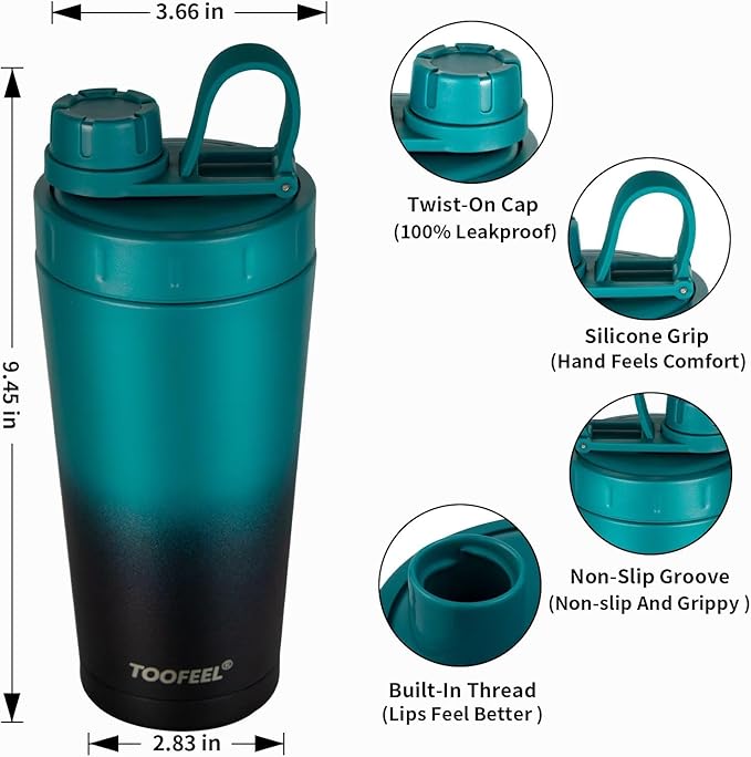 TOOFEEL Stainless Steel Protein Shaker Bottle - 20 oz Double Walled Insulated Cup, Keeps Cold/Hot for Gym Workout Mixes