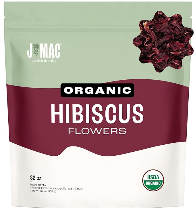 J MAC BOTANICALS Certified Organic Hibiscus Flower (2 Pounds), Hibiscus Tea, Cut & Sifted Flowers, Flor de Jamaica