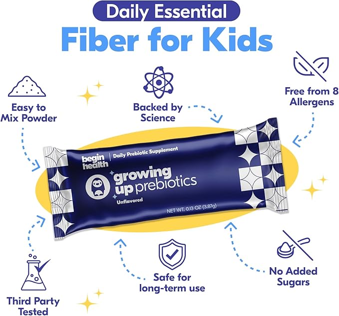 Begin Health Growing Up Prebiotics for Kids 84-Packs | Prebiotic Soluble Powder Stool Softeners and Digestive Gut Health Supplement | Ideal to Mix with Kids Daily Beverages and Soft Foods - Unflavored