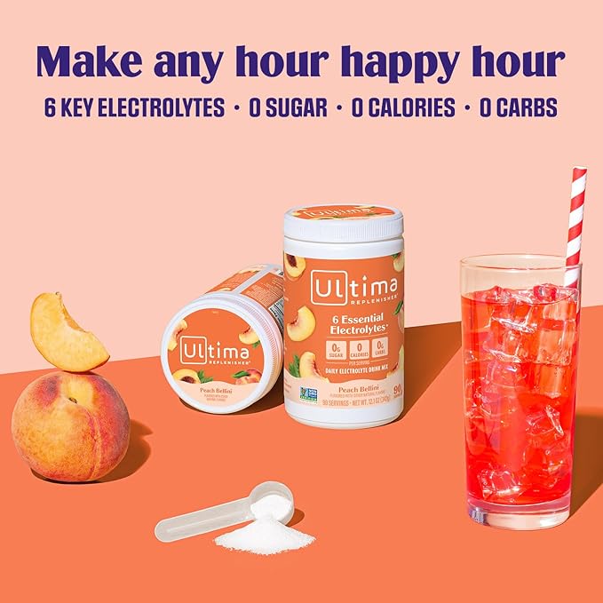 Ultima Replenisher Mocktini Electrolyte Powder Drink Mix – Sugar Free – Peach Bellini, 90 Servings – Hydration Powder with 6 Key Electrolytes and Trace Minerals – Keto Friendly, Non-GMO