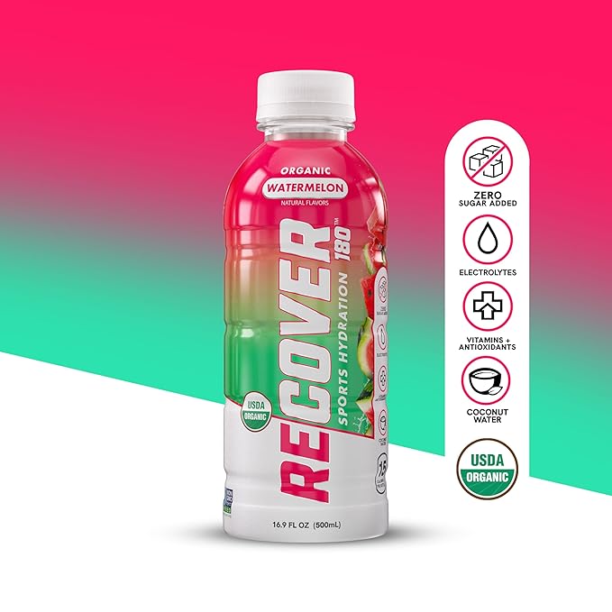 RECOVER 180 Organic Sports Hydration Drink, No Sugar Added, 20 Calorie Sports Beverage, Organic Flavors With Vitamins, Potassium-Packed Electrolytes (16.9 Fl Oz (Pack of 12), Watermelon)