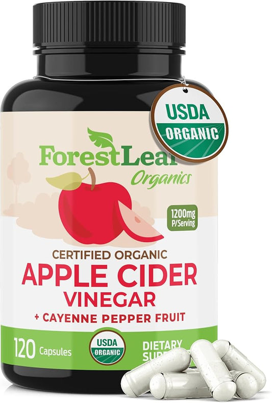 Organic Apple Cider Vinegar Capsules 1200mg – Supports Metabolism, Detox, Digestion, Gut Health – USDA Organic Apple Cider Vinegar Pills with Cayenne Pepper & Ginger Root – 120 Caps – by Forest Leaf