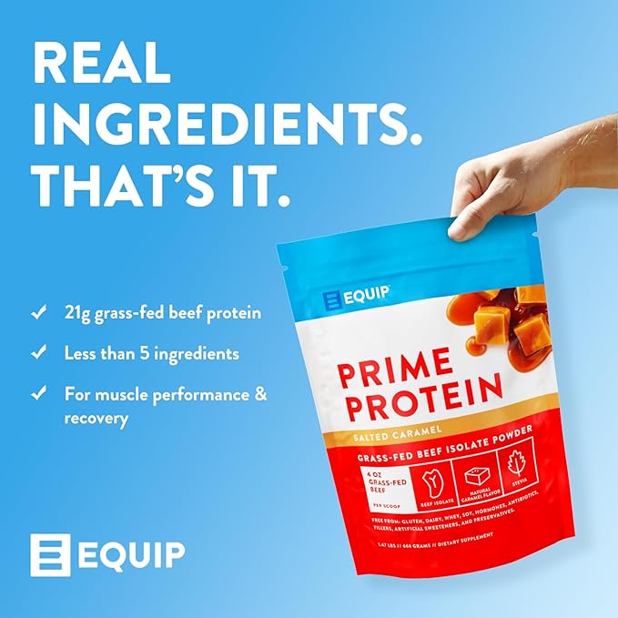 Equip Foods Prime Protein Powder | Clean, Grass Fed Beef Protein Isolate | Carnivore Protein Powder | Paleo, Keto Friendly | Gluten, Dairy Free | 30 Servings, Salted Caramel