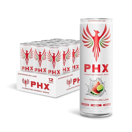 PHX Hydration Energy Drink - 700mg Electrolytes, 200mg Natural Green Tea Caffeine, 100% Daily Value 8 Essential Vitamins - 12 oz Cans (12 Pack) (12 Pack, Watermelon Lime)