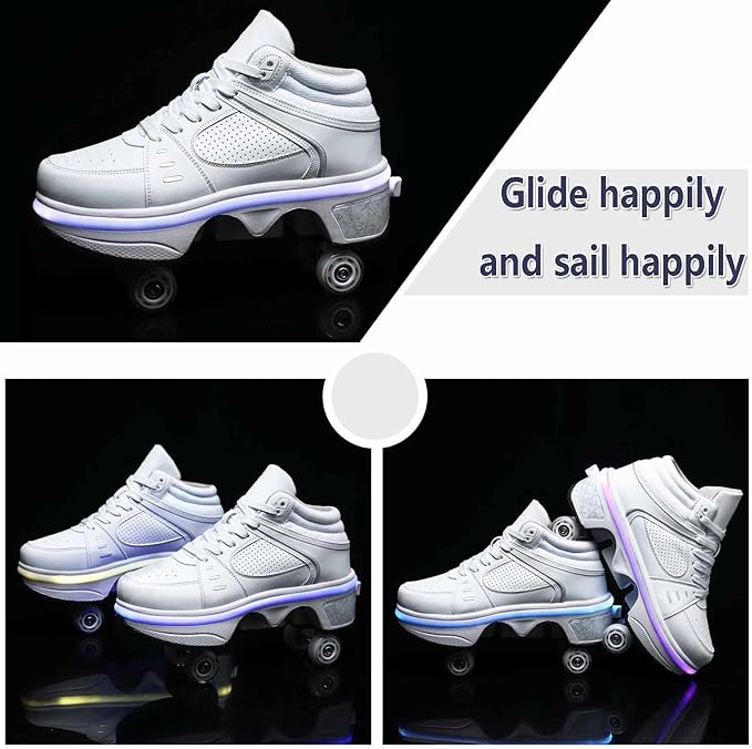 Roller Skate Shoes for Women Four Rounds Children's Roller Skates Shoes That Turn into Rollerskates Sneakers Outdoor Light Shoes with Wheels for Girls/Boys