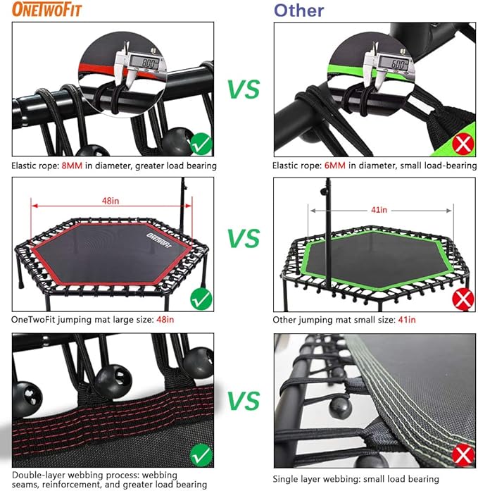 ONETWOFIT 48" Silent Mini Trampoline with Adjustable Handle Bar Fitness Trampoline Bungee Rebounder Jumping Cardio Trainer Workout for Adults