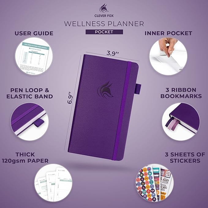 Clever Fox Wellness Planner - Weekly & Daily Health and Wellness Log, Food Journal & Meal Planner Diary for Calorie Counting, Notebook for Medical Condition Tracking – Pocket size (Purple)