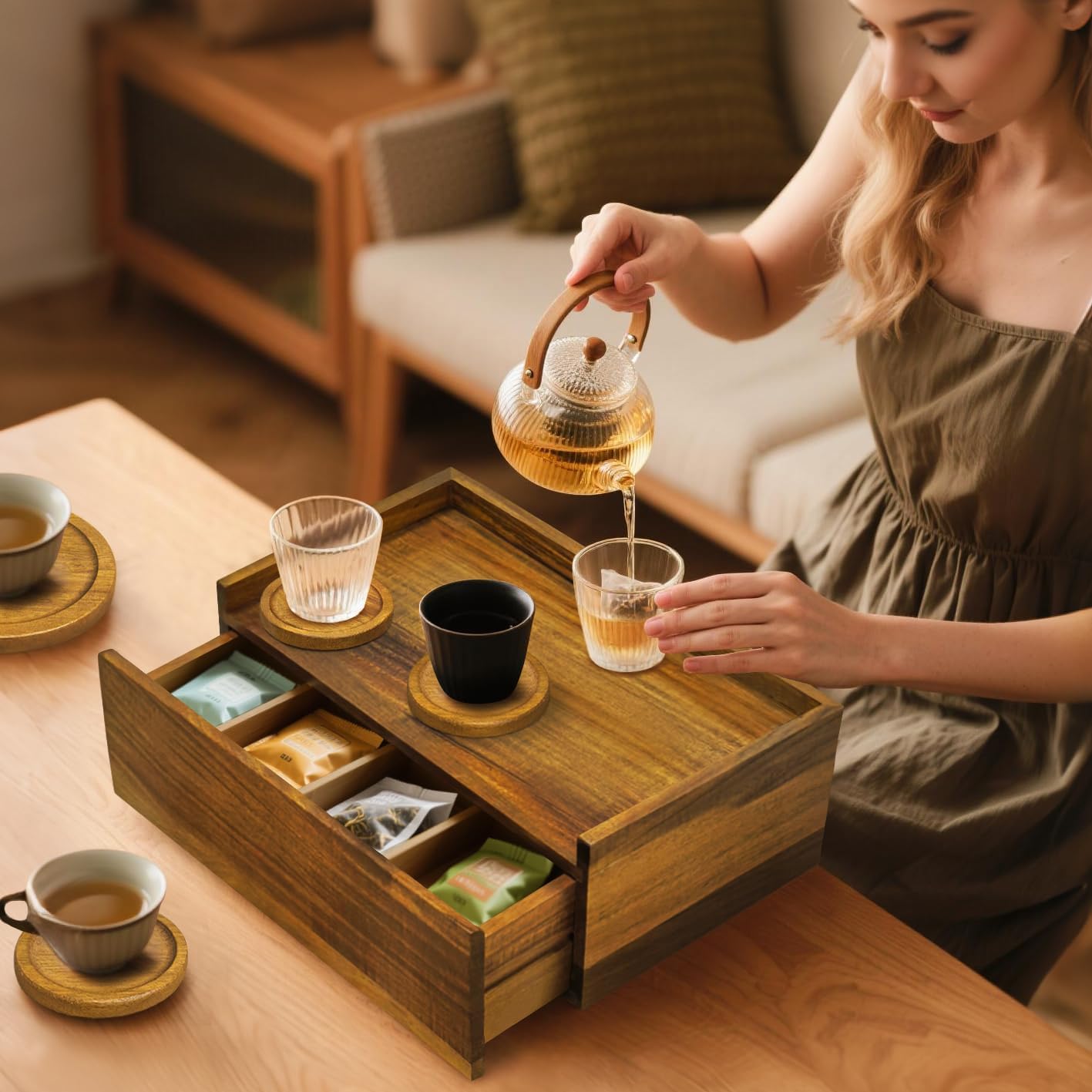 Idefair Acacia Woode Tea Box Organizer Storage Box with 5 Wooden Coasters, Tea Bags Organizer Chest Storage with Drawer, Tea Bag Box for Coffee Teabgs Countertop Display