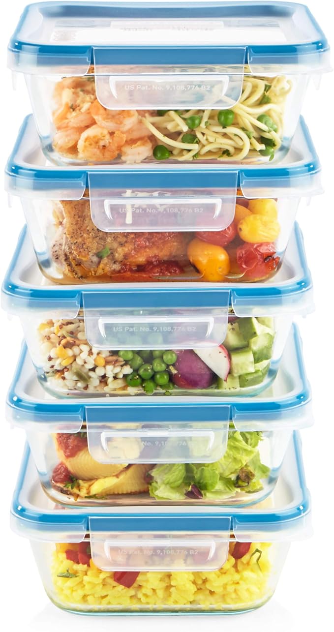 Snapware Total Solutions (5-Pack, 4 Cup) Glass Food Storage Containers Set, Airtight & Leakproof Locking BPA-Free Lids, Freezer Dishwasher Microwave Safe