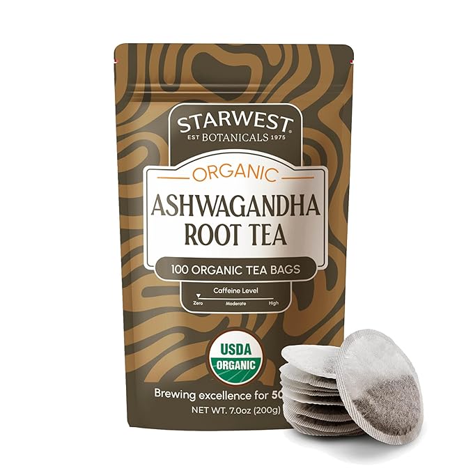 Starwest Botanicals Organic Ashwagandha Tea - Caffeine Free Herbal Tea, String Free Sachets, USDA Organic Ashwagandha Root, Non GMO - Bulk Pack, 100 Tea Bags