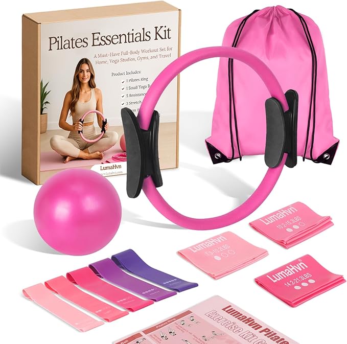 pilates essentials kit for home workouts, pink pilates equipment set with pilates Rings, yoga ball, instructions, workout bands resistance for women-better pilates ring and ball set for beginners