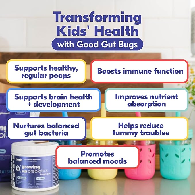Begin Health Growing Up Prebiotics for Kids 56-Packs | Prebiotic Soluble Powder Stool Softeners and Digestive Gut Health Supplement | Ideal to Mix with Kids Daily Beverages and Soft Foods - Unflavored