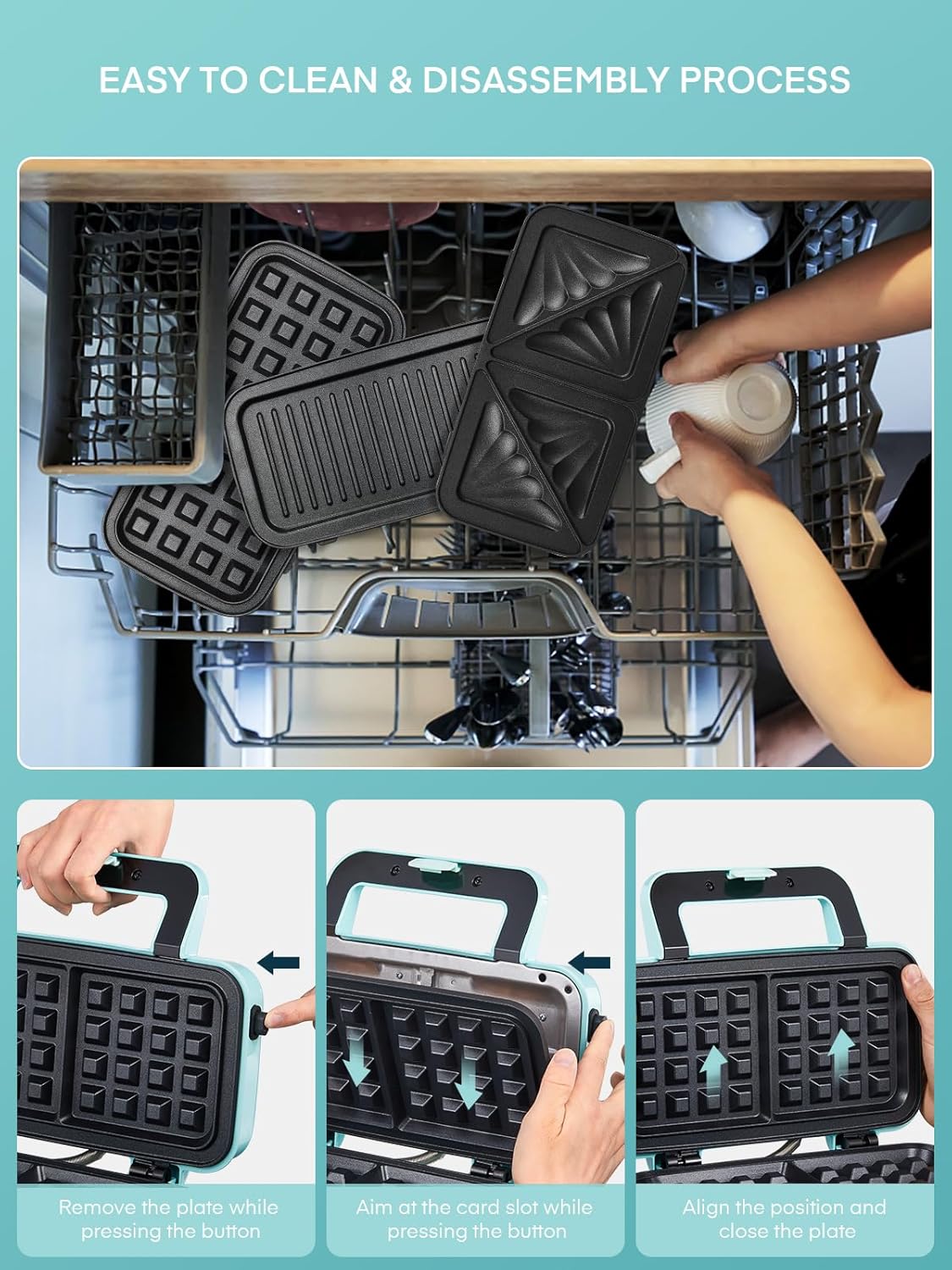 FOHERE Waffle Maker 3 in 1 Sandwich Maker 1200W Panini Press With Removable Plates and 5-gear Temperature Control, Non-stick Coating Easy to Clean,Indicator Lights, Blue