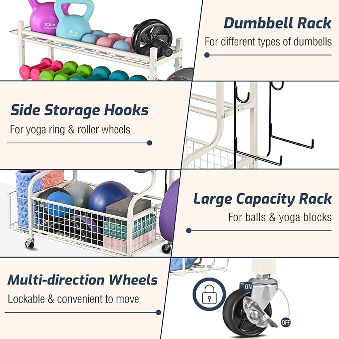 PLKOW Dumbbell Rack, Weight Rack for Dumbbells, Home Gym Storage for Dumbbells Kettlebells Yoga Mat and Balls, All in One Workout Storage with Wheels and Hooks, Powder Coated Finish Steel