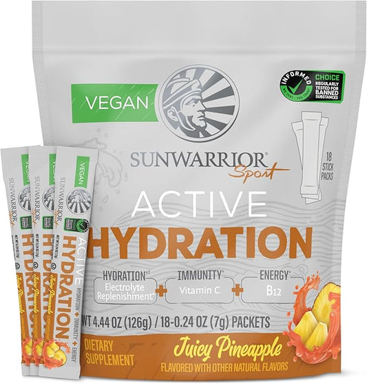 Sunwarrior Hydration Powder Electrolyte Packets Powder B12 Elderberry | Juicy Pineapple Flavored 18 Stick Packs 126g Pouch | Vegan and Plant-Based Sugar Free