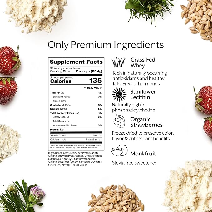 ProMix Nutrition Whey Protein Isolate Powder, 31g Grass Fed Whey Isolate, 6.6g BCAAs, Gluten Free, Keto Friendly, Strawberry, 5lb