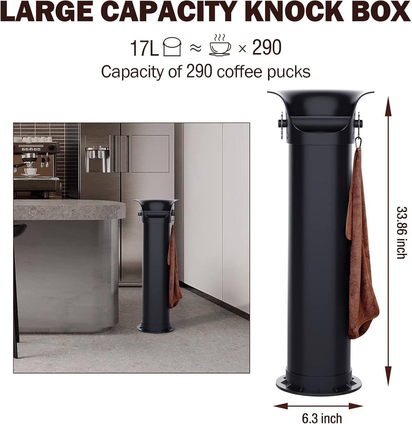 Knock Box for Espresso Grounds, Home and Commercial Use Knockbox with Removable Non-Slip Base & Barista Towel, Espresso Knock Box, Coffee Grind Collection Dump Bin, Extra Large