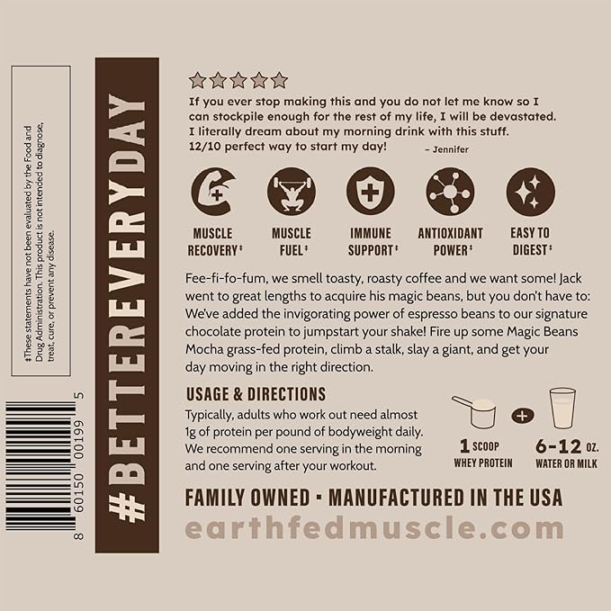 Earth Fed Muscle Magic Beans Mocha Truly Grass Fed Whey Protein Powder - No Artificial Ingredients, Soy Free, Gluten Free, Non-GMO and Hormone Free (2 Pound, 29 Servings, Mocha)