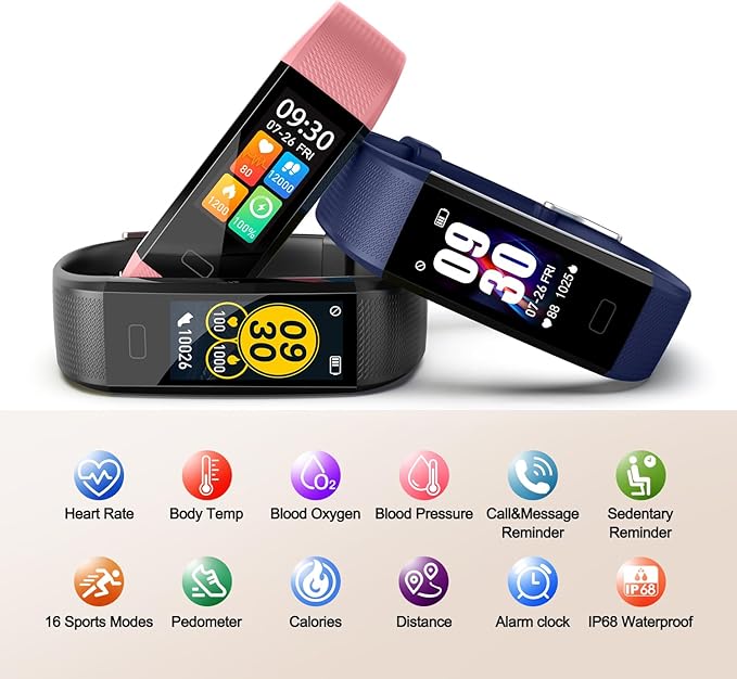 ENGERWALL Fitness Tracker with Step Counter/Calories/Stopwatch, Activity Tracker with Heart Rate Monitor, IP68, Health Tracker with Sleep Tracker, Smartwatch, Pedometer Watch for Women Men Kids