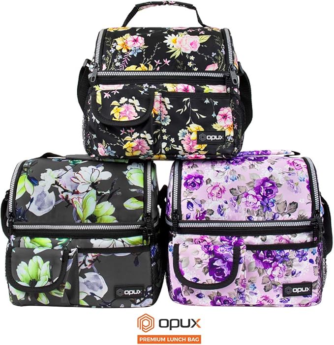 opux Lunch Bag Women Insulated, Adult Lunch Box Cooler, Flower Lunch Box, Dual Compartment Lunchbox for Work, Leakproof Double Decker Lunch Bag, Soft Lunch Pail Tote Girls Kids School, Floral Purple