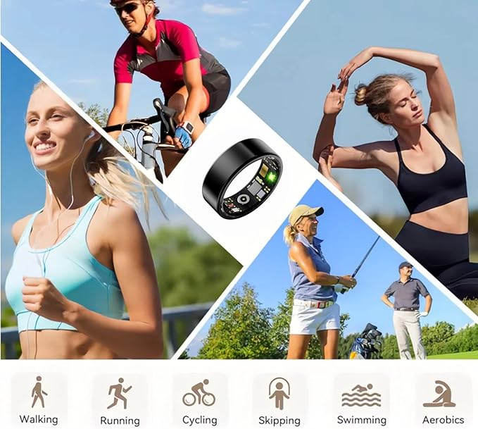 Smart Wellness Ring, Stylish Fitness Tracker with Heart Rate, Blood Oxygen, Blood Pressure, Sleep & Step Monitor. IP68 Waterproof, No Subscription, iOS & Android Compatible (Black, 9)