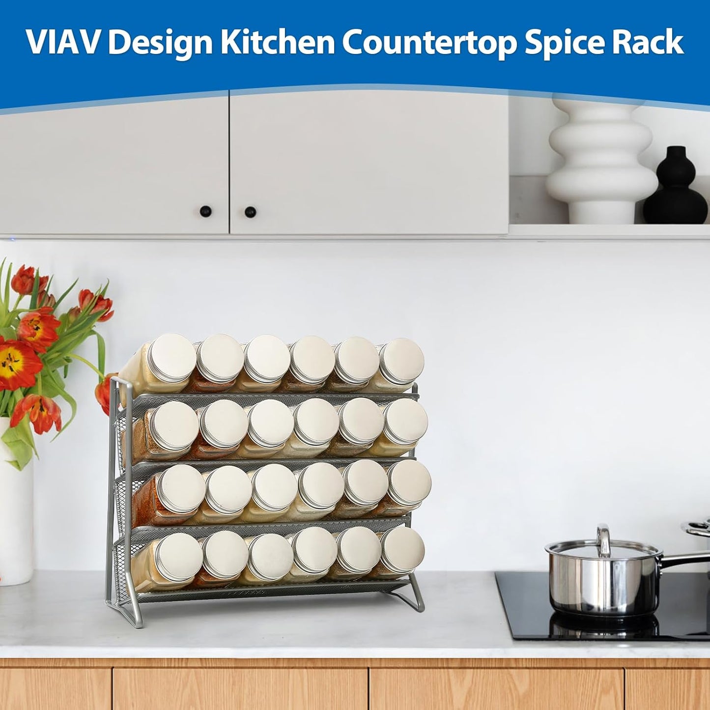 2PCS 4Tier Spice Rack for Counter Free Standing,Spice Rack for Inside Cupboard Hanging Wall Mounted Spice Seasoning Organiser Spice Jars Bottle Organizer for Kitchen Pantry(Silver)