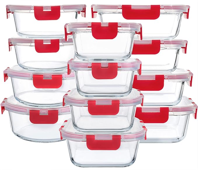 M MCIRCO 24-Piece Glass Food Storage Containers with Locking Lids,Glass Meal Prep Containers Set - Airtight Lunch Containers, Microwave, Oven, Freezer and Dishwasher, Red