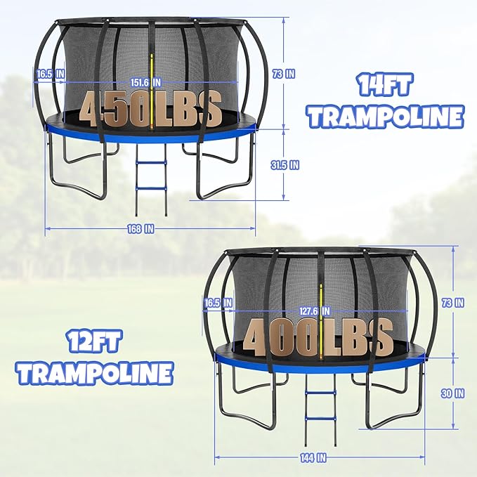 Trampoline 8FT 10FT 12FT 14FT 16FT, Outdoor Trampolines for Kids and Adults, Recreational Trampoline with Enclosure Net & Ladder, Round Trampoline ASTM Approved, 400/450LBS Weight Capacity