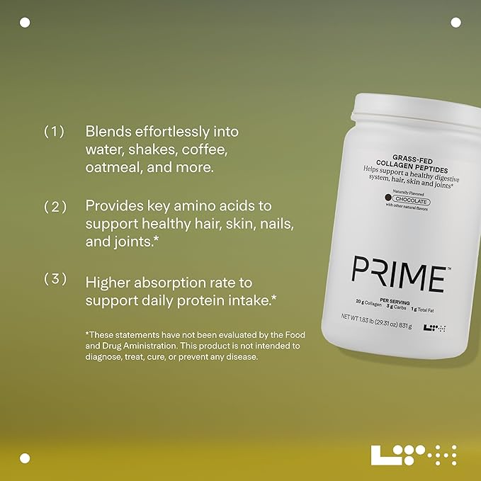 LTH Prime Collagen Peptides - Trusted by Life Time Fitness Members - Collagen Powder for Digestive Health - Supports Healthy Joints, Hair & Skin - from Grass-Fed Cows - Chocolate - 30 Servings