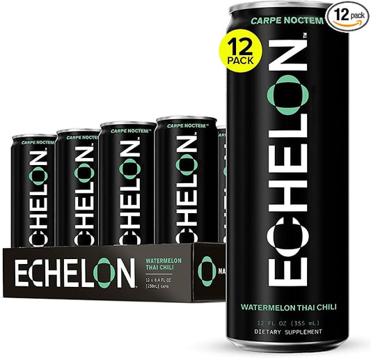 Echelon Pre-Workout Energy Drink | Watermelon Thai Chili | 12 Pack | Sustained Energy, Focus and Endurance Dietary Supplement | 300mg of Caffeine | Beta-Alanine, L-Theanine & Fiber | Vegan