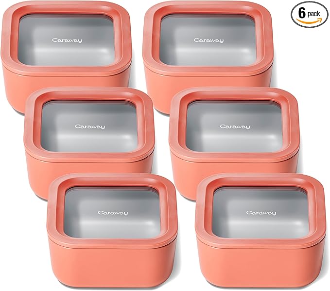 Caraway 6pc Glass Food Storage Set – 4.4 Cup Food Containers (6) - Ceramic Coated - Non Toxic, Non Stick with Lids - Microwave Safe - Perracotta