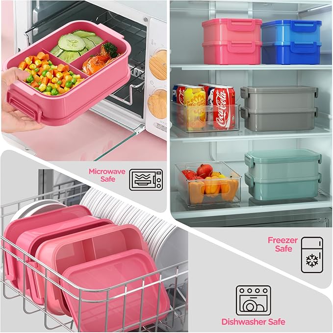 DaCool Adults Bento Box Lunch Box - Stackable All-in-One Leakproof Bento Lunch Box for Adults Women Girls 74 OZ Large Lunch Containers with Fork Spoon Sauce Boxes for Work School Dining Out, Pink
