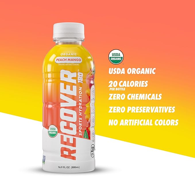 RECOVER 180 Organic Sports Hydration Drink, No Sugar Added, 20 Calorie Sports Beverage, Organic Flavors With Vitamins, Potassium-Packed Electrolytes (16.9 Fl Oz (Pack of 12), Peach Mango)
