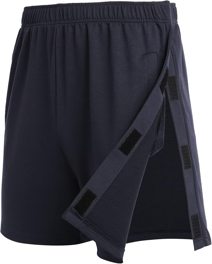 Deyeek Unisex Tear Away Shorts Snap On Athletic Cotton Shorts Post Knee Surgery Recovery Hip Replacement Pants with Pockets