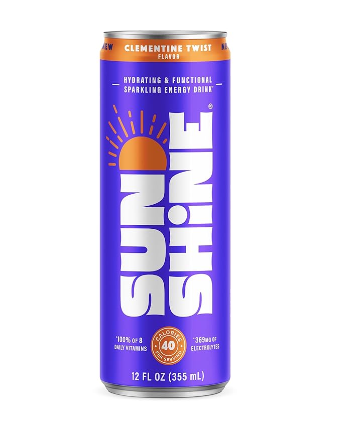 Sunshine Sparkling Energy Drink, Clementine Twist with Daily Essential Vitamins, 360mg of Electrolytes, 70mg of Natural Caffeine, 12 Fl Oz (Pack of 12)