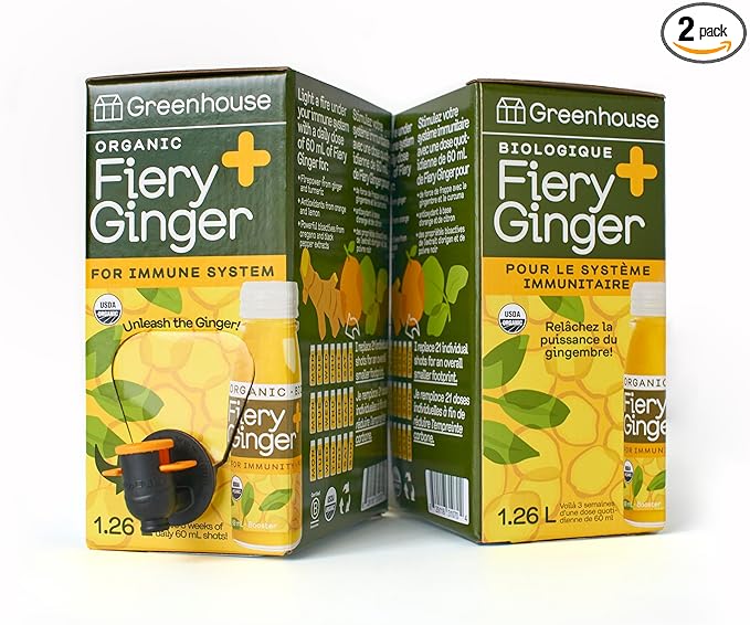 Greenhouse Juice Organic Fiery Ginger Wellness Shot Box Multipack 1.26L Ginger, Turmeric, Lemon, Black Pepper & Oregano | Immunity Wellness + Antiflammatory (Bag-in-Box Dispenser 2 Pack, Fiery Ginger)