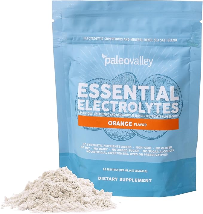 Paleovalley Essential Electrolytes Powder - Full Spectrum Orange Electrolyte Powder for Hydration, Energy and Muscle Recovery - No Sugar Added - 28 Servings