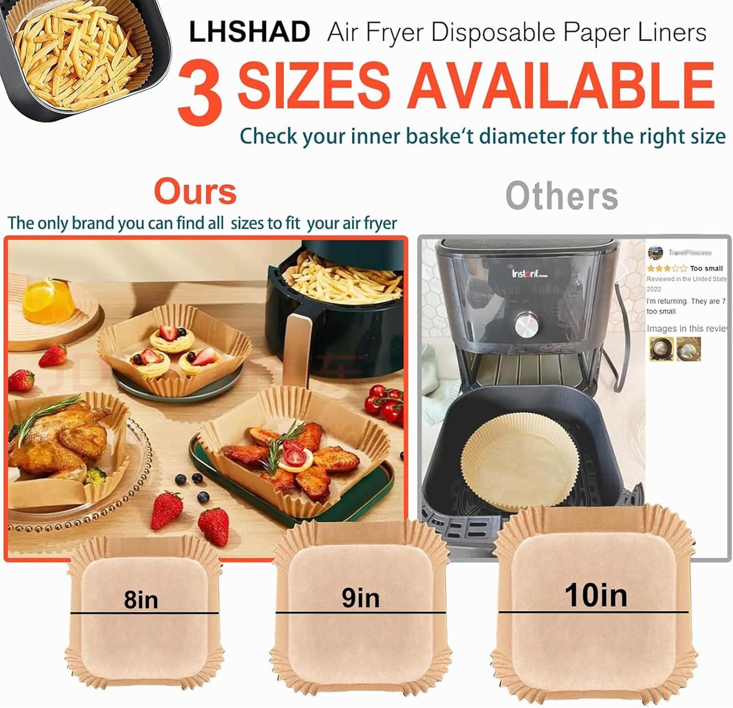 Air Fryer Disposable Paper Liner Square 10 Inch, 100Pcs Largest Square Air Fryer Paper Liners for 8-12QT Air fryer, Non-stick Food Grade Parchment Paper for Frying, Cooking, Roasting and Microwave