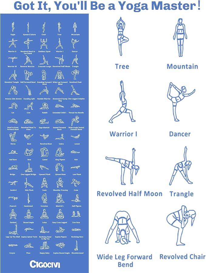Instructional Travel Yoga Mat with 75 Poses & Exercises - Non-slip Exercise Mat for Home Workout, Includes Carrying Bag - Perfect for Beginners, 68"x24"x0.25"