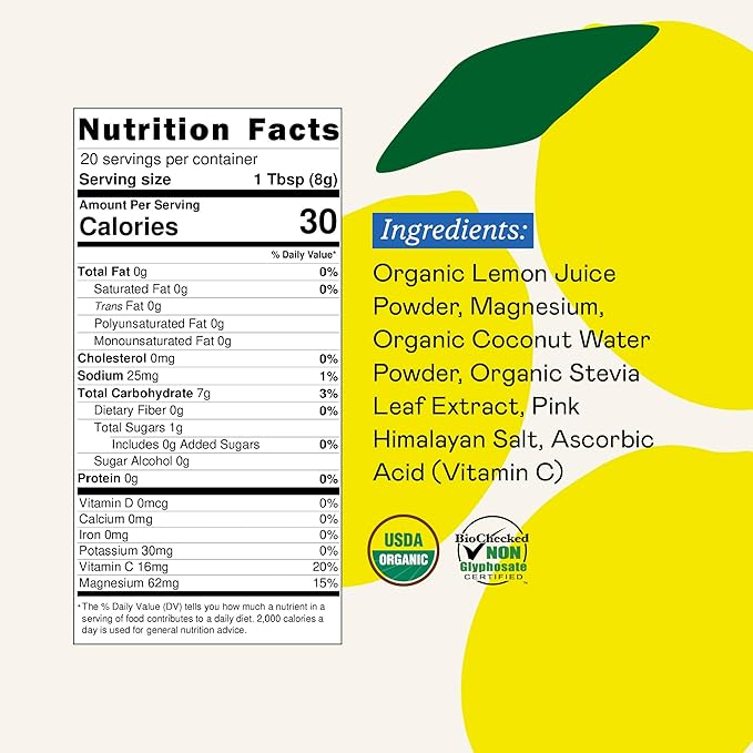 Organic Hydration Electrolyte Drink Mix, Certified Organic Hydration Powder, Non-GMO, Biochecked Glyphosate Free, Low Sugar, Lemonade Flavor, No Artificial Flavors, 20 Servings