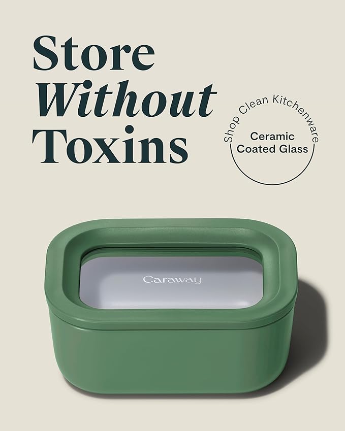 Caraway 2pc Glass Food Storage Set - 2.6 Cup Food Containers (2) - Non-Toxic Ceramic-Coated Glass - Air Release Technology - Compact & Stackable Design - Sage
