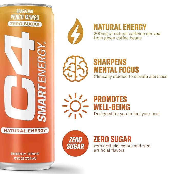 Cellucor C4 Smart Energy Drink ‚ Boost Focus and Energy with Zero Sugar, Natural Energy, and Nootropics - 200mg Caffeine - Peach Mango (12oz Pack of 12)