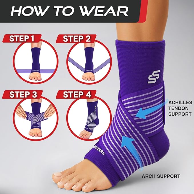 Sleeve Stars Ankle Brace for Women & Men, Ankle Wrap for Sprained Ankle, Compression Sleeve for Plantar Fasciitis Relief, Easy Customizable Support: w/Removable Strap (Single/S:9"-10"/Dark Purple)