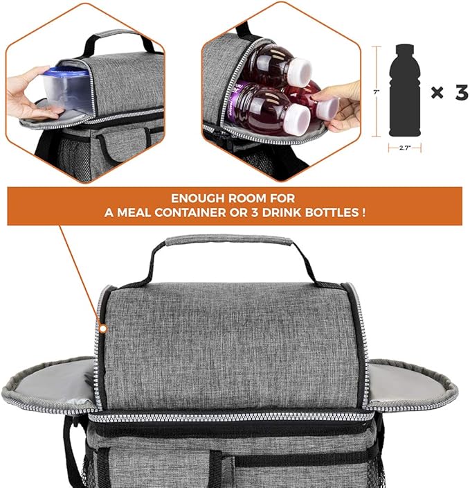 opux Lunch Box for Men, Adult Lunch Box Cooler, Insulated Lunch Bag Women, Dual Compartment Lunchbox for Work, Leakproof Double Decker Lunch Bag, Soft Lunch Pail Tote Boys Girls Kids School, Gray