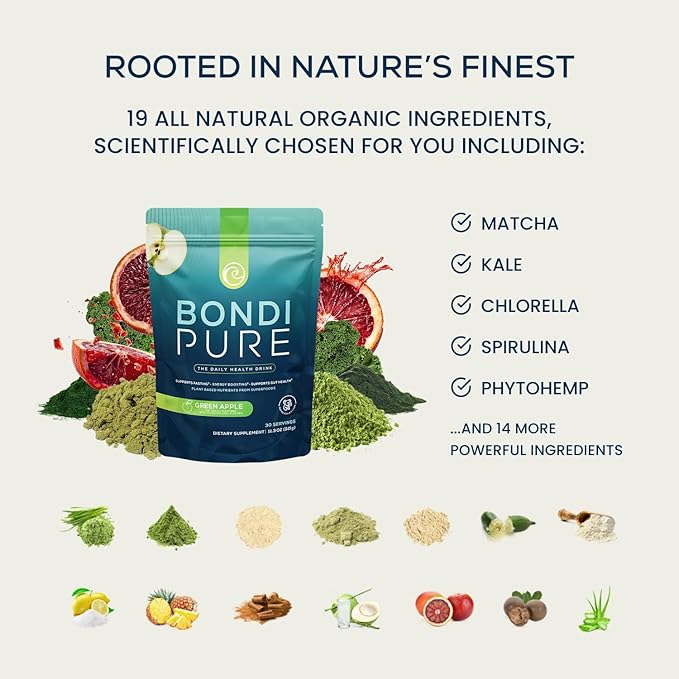 Bondi Pure - Daily Health & Detox Drink - Promote Gut Health & Energy Support During a Cleanse or Intermittent Fasting - Plant-Based Fibers, Alkalizing Super Greens - Green Apple (3-Pack)
